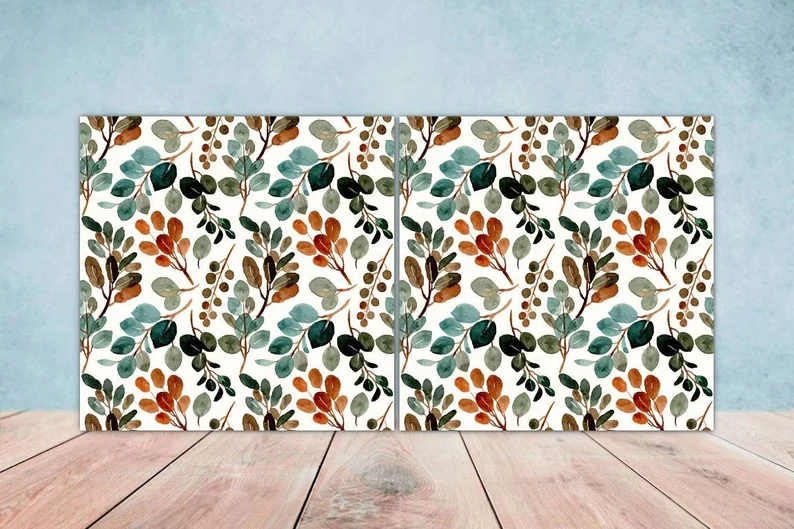 Floral Tiles Watercolor Flowers Leaves Leaf Design -Set of 2 Wall Decor Tiles-Kitchen Backsplash Tiles,Table Decorative Tiles,Bathroom tiles