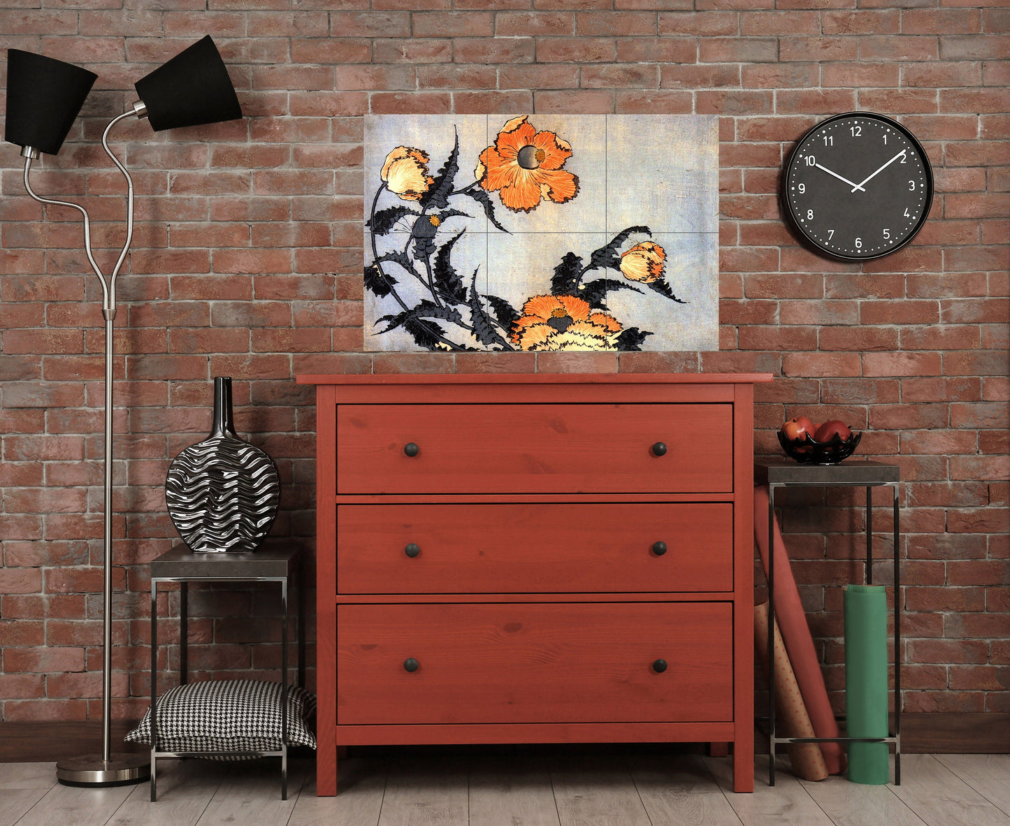 Hokusai Poppies Tile Mural: Japanese Art Ceramic Mosaic Panel