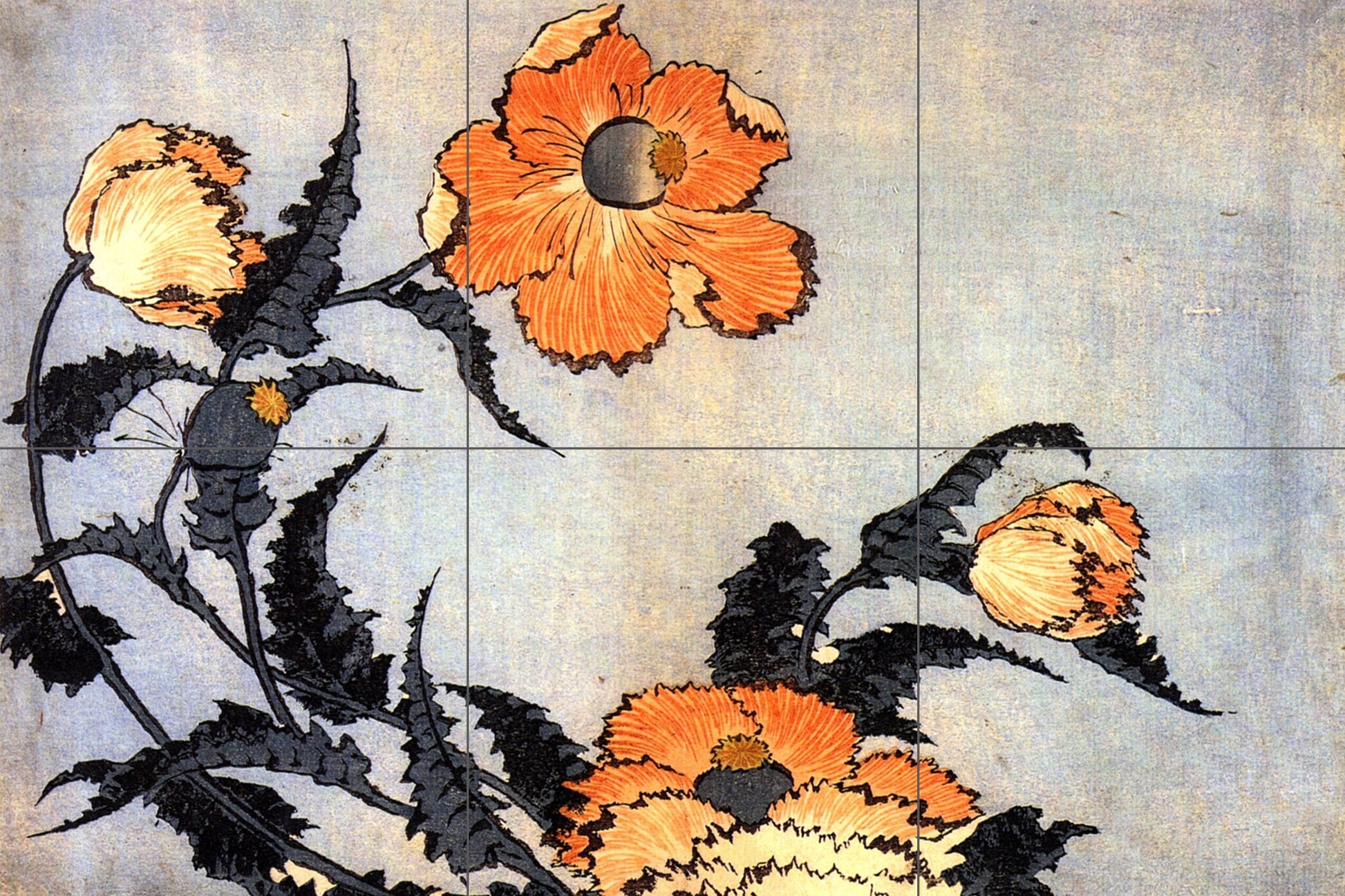 Hokusai Poppies Tile Mural: Japanese Art Ceramic Mosaic Panel