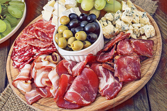 Tile Mural/Mosaic Ceramic Panel of Cheese, Salami, Olives and Bacon board - Colorful Wall Art - Tile Mural - Gloss Tiles - Tile Mosaic