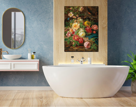 Josef Lauer Roses and Butterflies Tile Mural: Floral Ceramic Panel