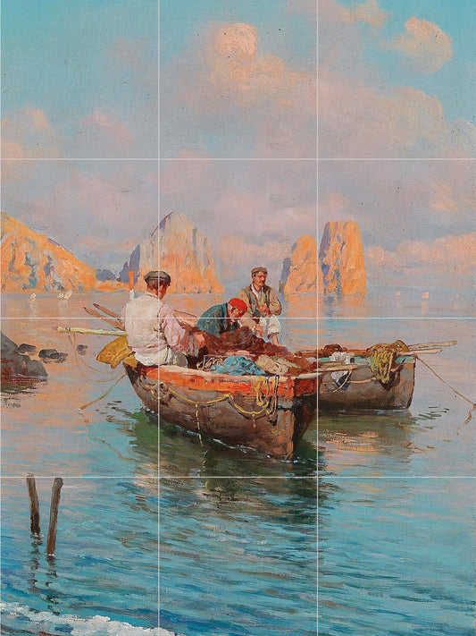 Tile Mural/Mosaic Ceramic Panel of Capri Fishermen - Italian Colourful Painting Art -Tile Mural -Gloss Tiles-Tile Mosaic
