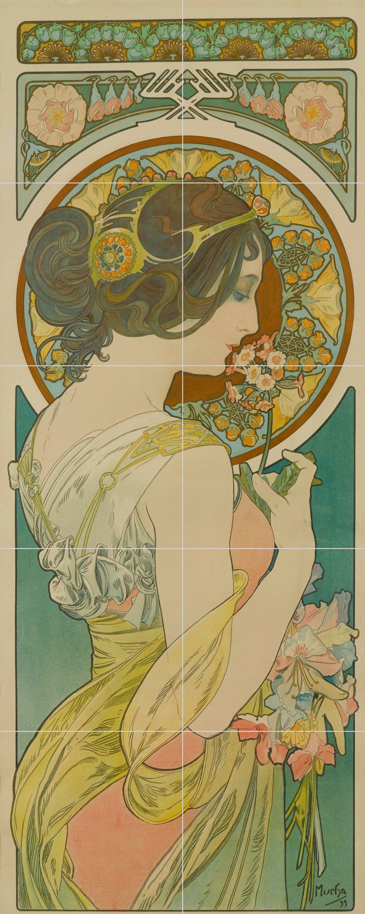 Tile Mural/Mosaic Ceramic Panel of Primrose Alphonse Mucha - Colourful Painting Art - Tile Mural - Gloss Tiles- Tile Mosaic