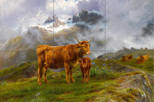 Tile Mural/Mosaic Ceramic Panel of Highland Cattle - Bonheur - Colourful Wall Nature Art - Tile Mural - Gloss Tiles - Tile Mosaic