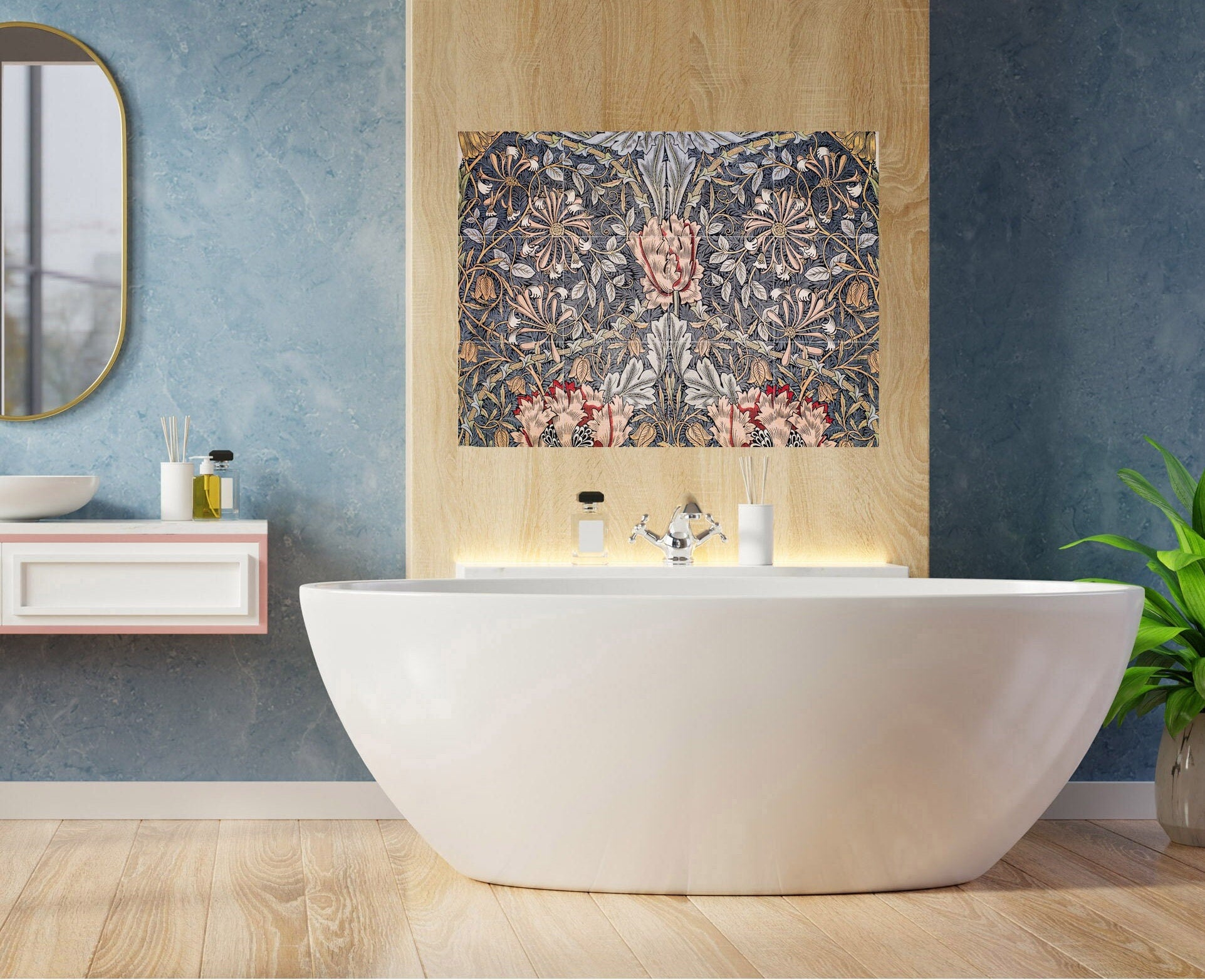 Tile Mural/Mosaic Ceramic Panel of Printed Linen Honeysuckle William Morris - William Morris wall art - Tile Mural -Gloss Tiles-Tile Mosaic
