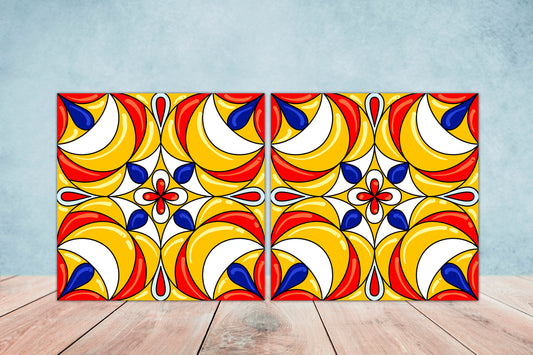 Italian Majolica Ceramic Tiles - Two square 6 x 6 inches decorative ceramic wall tiles - Kitchen backsplash tiles - Bathroom tiles