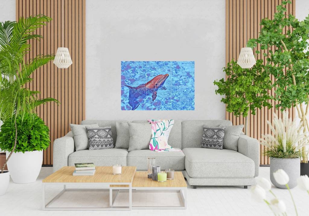 Tile Mural/Mosaic Ceramic Panel of a Dolphin - Dolphin Wall Art - Dolphin wall print - Tile Mural Art Print - Home Decor - Tile Mosaic