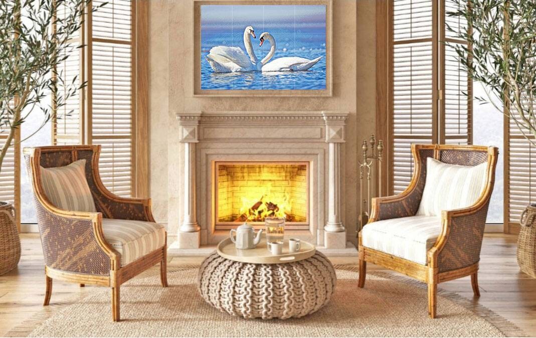 Tile Mural/Mosaic Ceramic Panel of Swan - Bird Mural - Swans Wall Decor - Swan Wall Art - Swan Tile Mural - Gloss Tiles - Tile Mosaic
