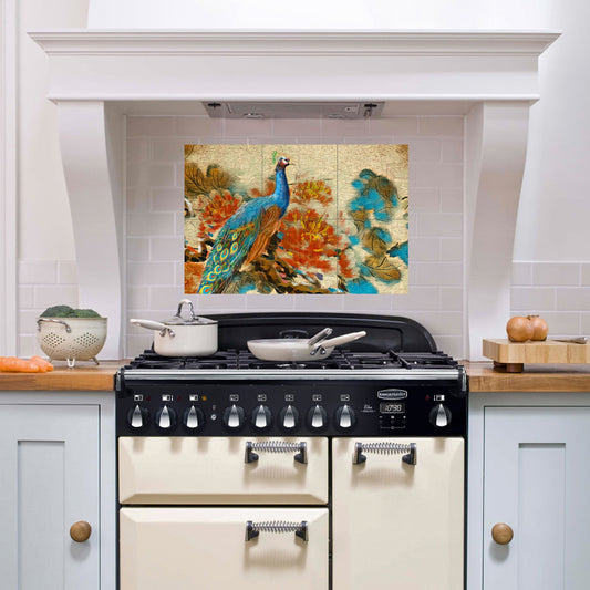 Japanese Peacock Tile Mural: Colorful Floral Ceramic Panel