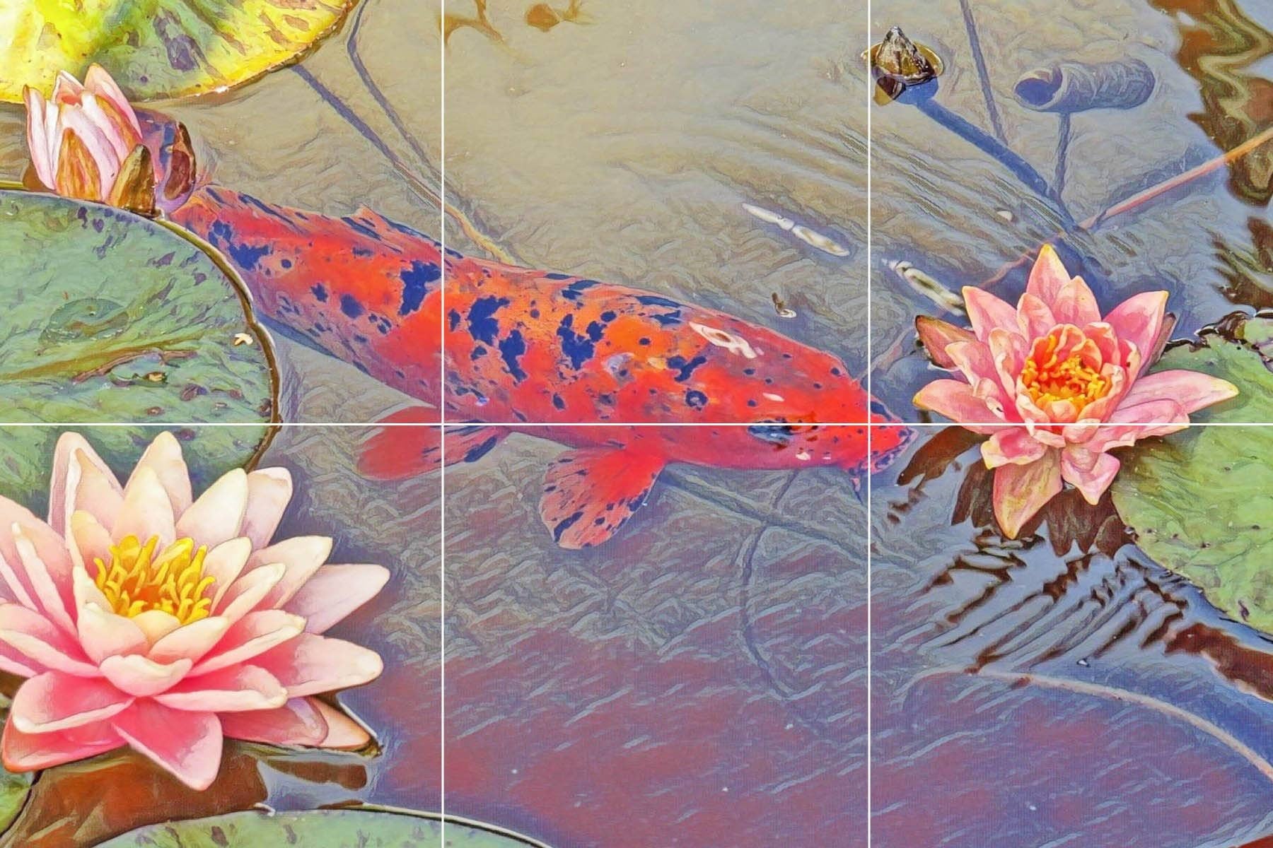 Tile Mural/Mosaic Ceramic Panel of a Japanese Koi Fish Lotus Pond - Koi Fish wall print - Japanese Tile Mural -Gloss Tiles -Tile Mosaic