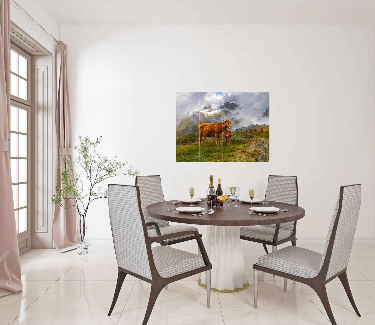 Tile Mural/Mosaic Ceramic Panel of Highland Cattle - Bonheur - Colourful Wall Nature Art - Tile Mural - Gloss Tiles - Tile Mosaic