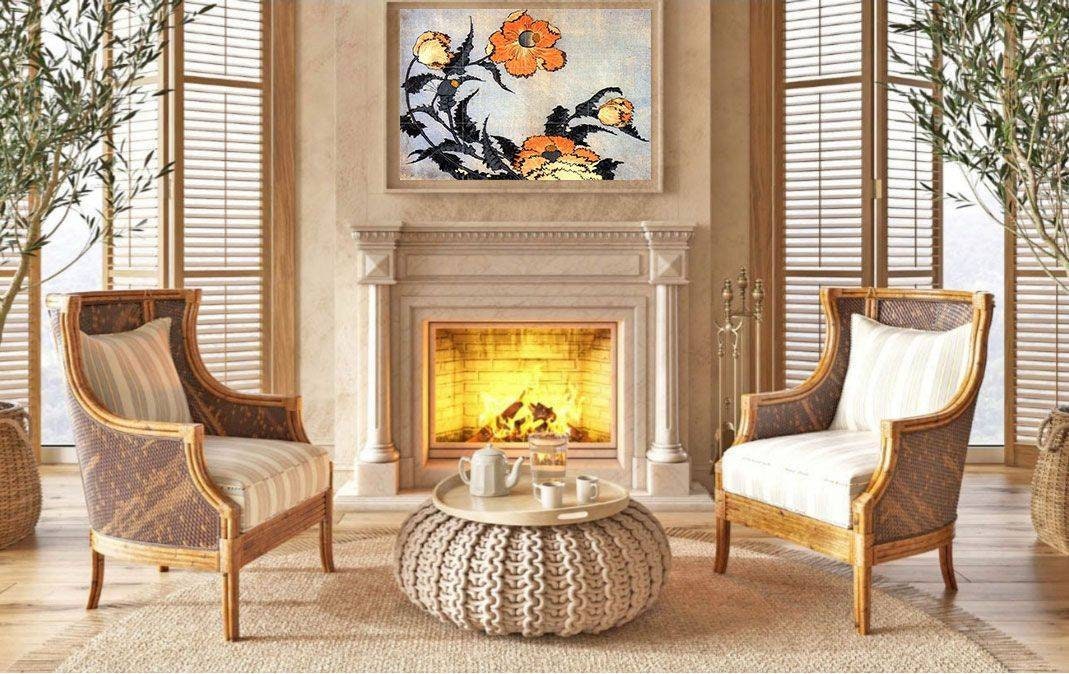 Hokusai Poppies Tile Mural: Japanese Art Ceramic Mosaic Panel