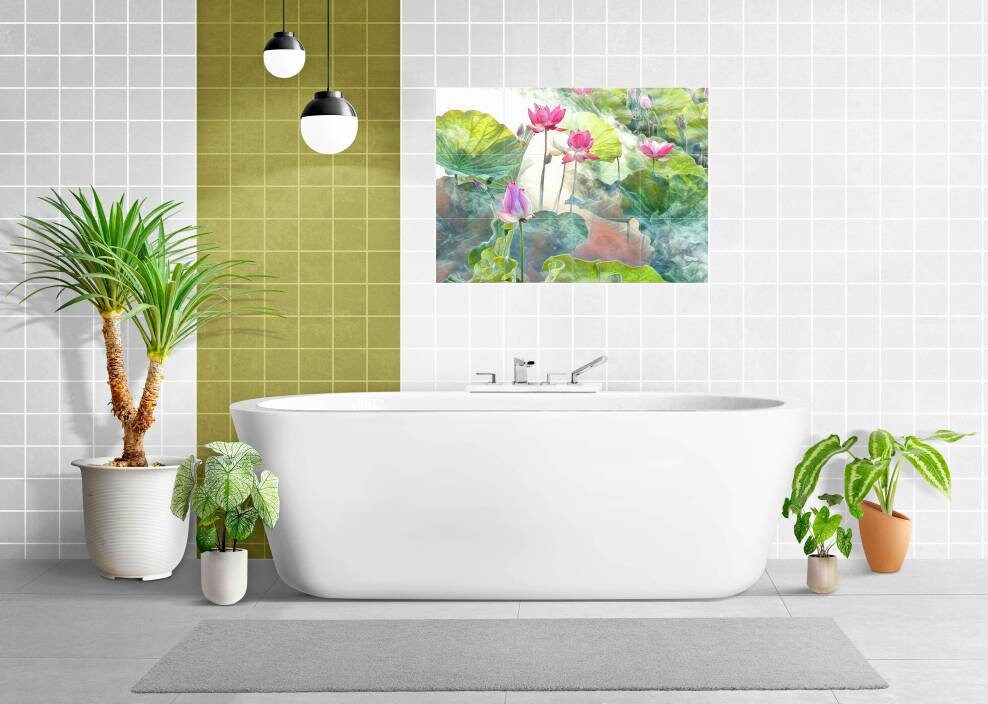 Lotus Flower Tile Mural: Ceramic Mosaic Art Print, Home Decor