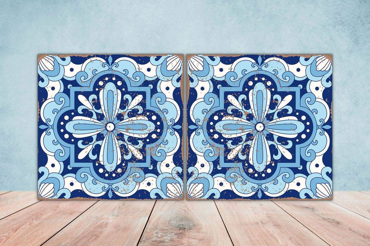 Portuguese Azulejo Tiles - Set of 2 Portuguese Wall Decor Tiles - Kitchen Backsplash Tiles, Table Decorative Tiles, Bathroom Tiles, Coaster