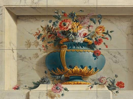 Floral Tile Mural: Michel Bruno Bellenge Vase of Flowers Mosaic, Floral Wall Art