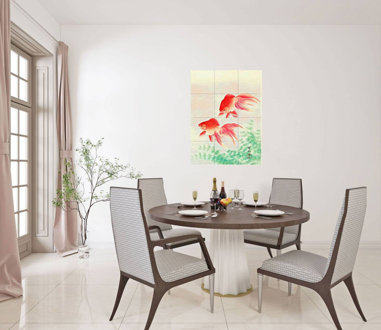 Tile Mural/Mosaic Ceramic Panel of Ohara Koson Two veil Goldfish - Gold fish wall print - Tile Mural -Gloss Tiles - Tile Mosaic - Fish Mural