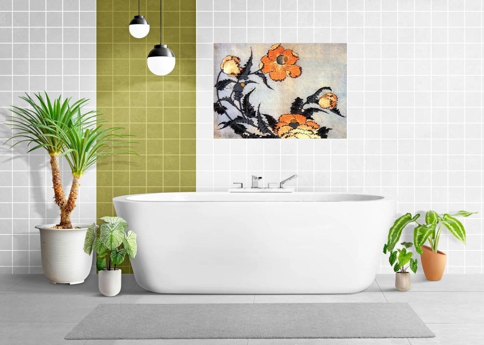 Hokusai Poppies Tile Mural: Japanese Art Ceramic Mosaic Panel