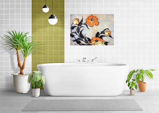 Hokusai Poppies Tile Mural: Japanese Art Ceramic Mosaic Panel