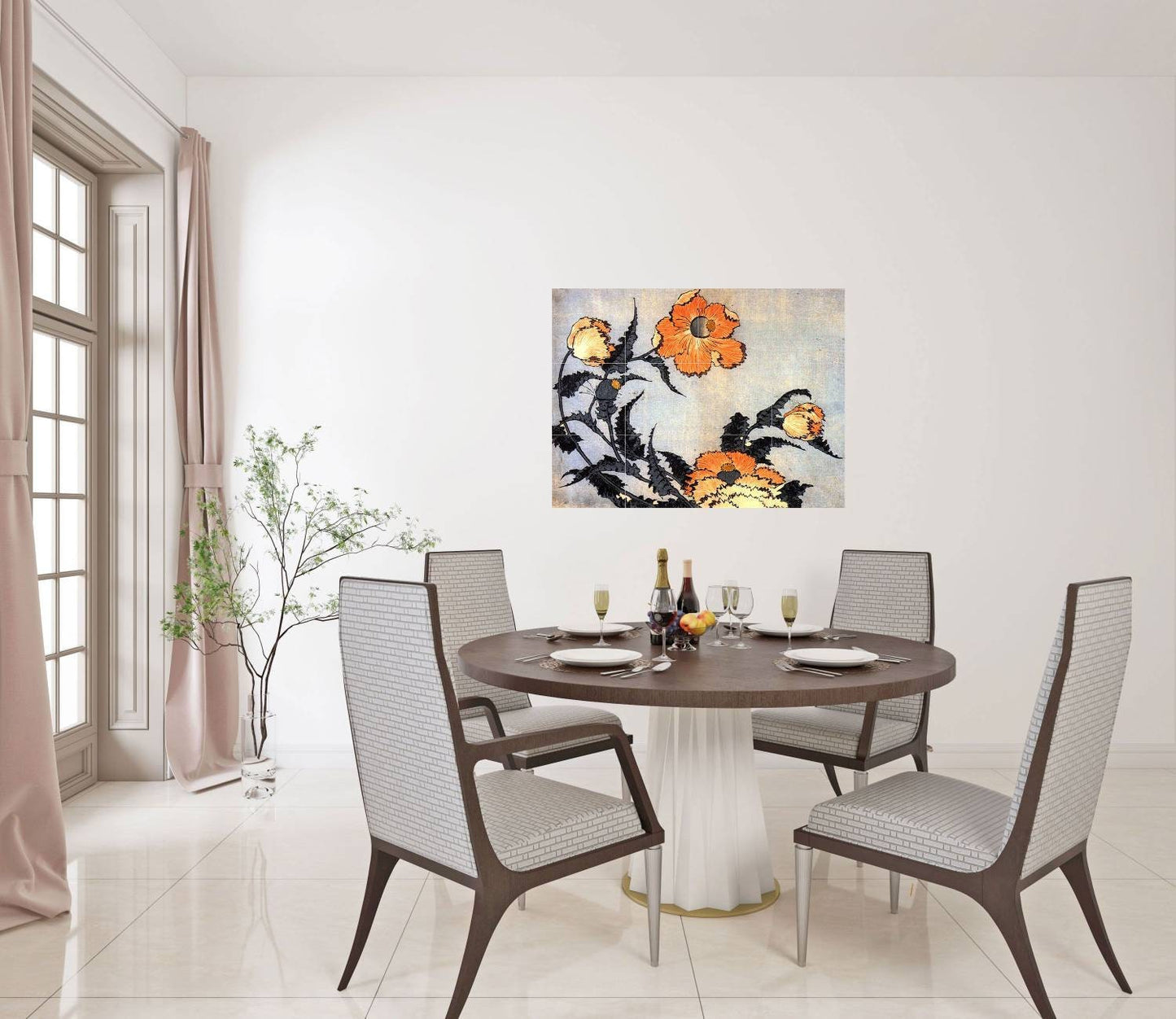 Hokusai Poppies Tile Mural: Japanese Art Ceramic Mosaic Panel