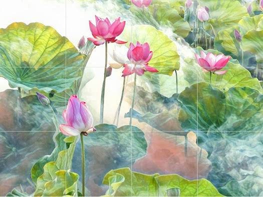 Lotus Flower Tile Mural: Ceramic Mosaic Art Print, Home Decor