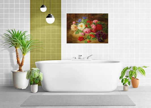 Floral Tile Mural: Forest Floor, Roses, Butterfly - Josef Laurer