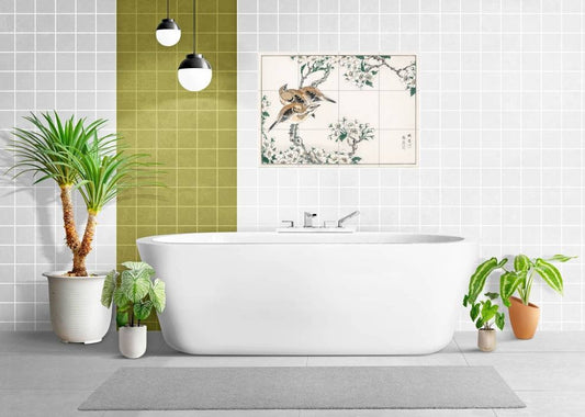 Japanese Meadow Bunting Tile Mural: Kashu Bird & Pear Flower Mosaic