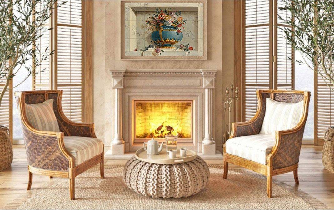 Floral Tile Mural: Michel Bruno Bellenge Vase of Flowers Mosaic, Floral Wall Art