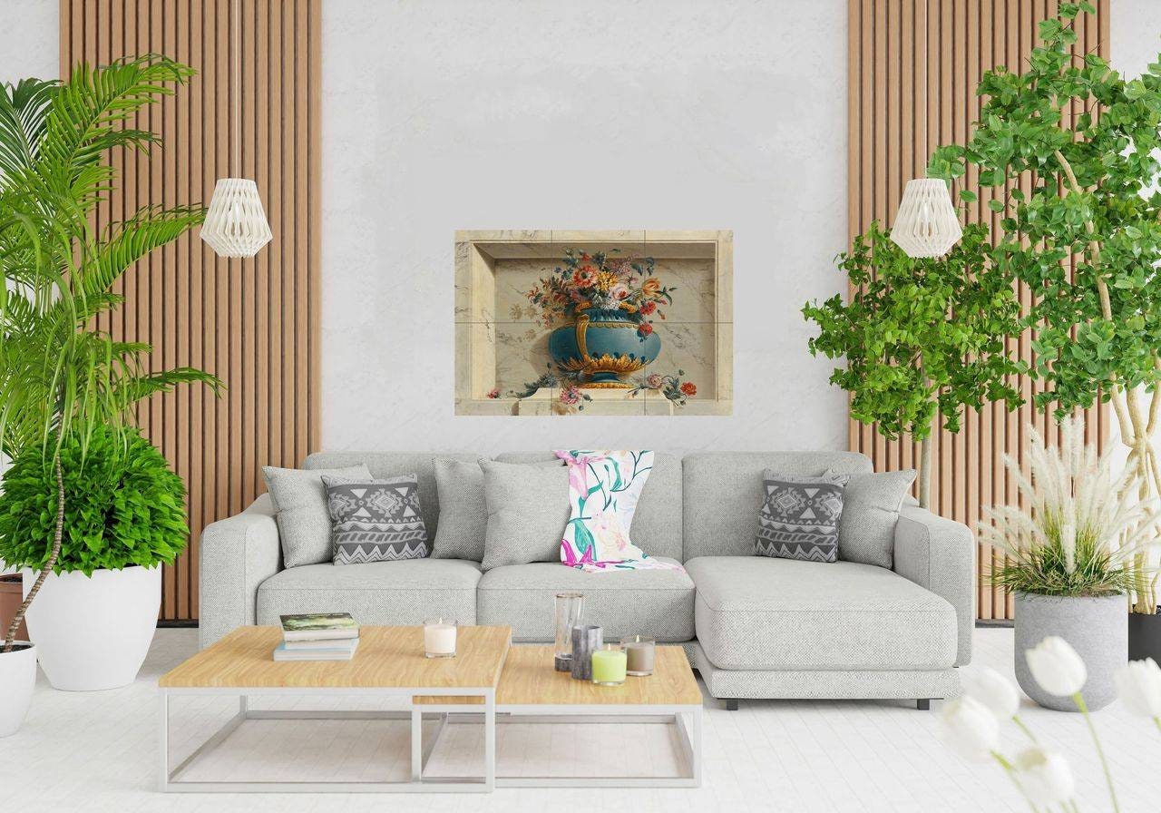 Floral Tile Mural: Michel Bruno Bellenge Vase of Flowers Mosaic, Floral Wall Art