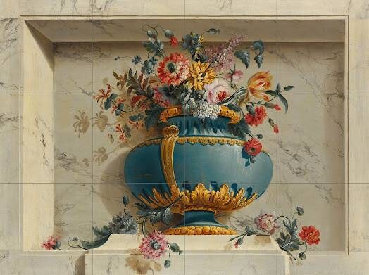Floral Tile Mural: Michel Bruno Bellenge Vase of Flowers Mosaic, Floral Wall Art