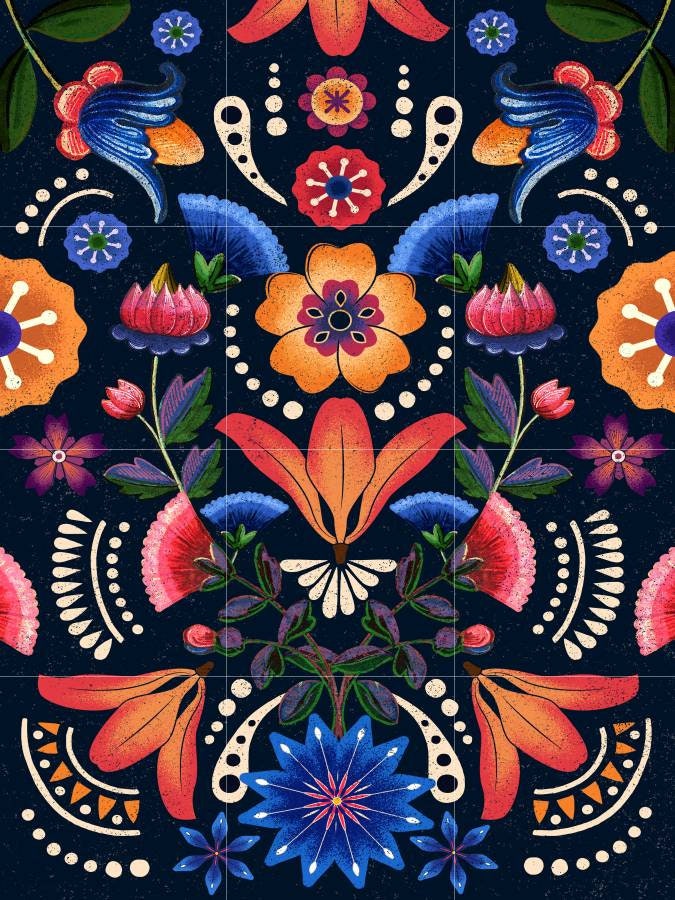 Mexican Flower Tile Mural: Watercolor Floral Mosaic Art