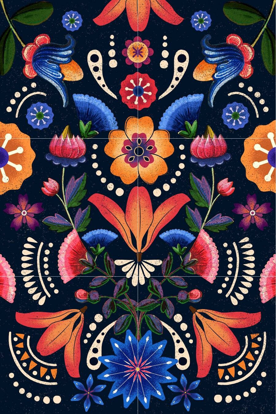 Mexican Flower Tile Mural: Watercolor Floral Mosaic Art