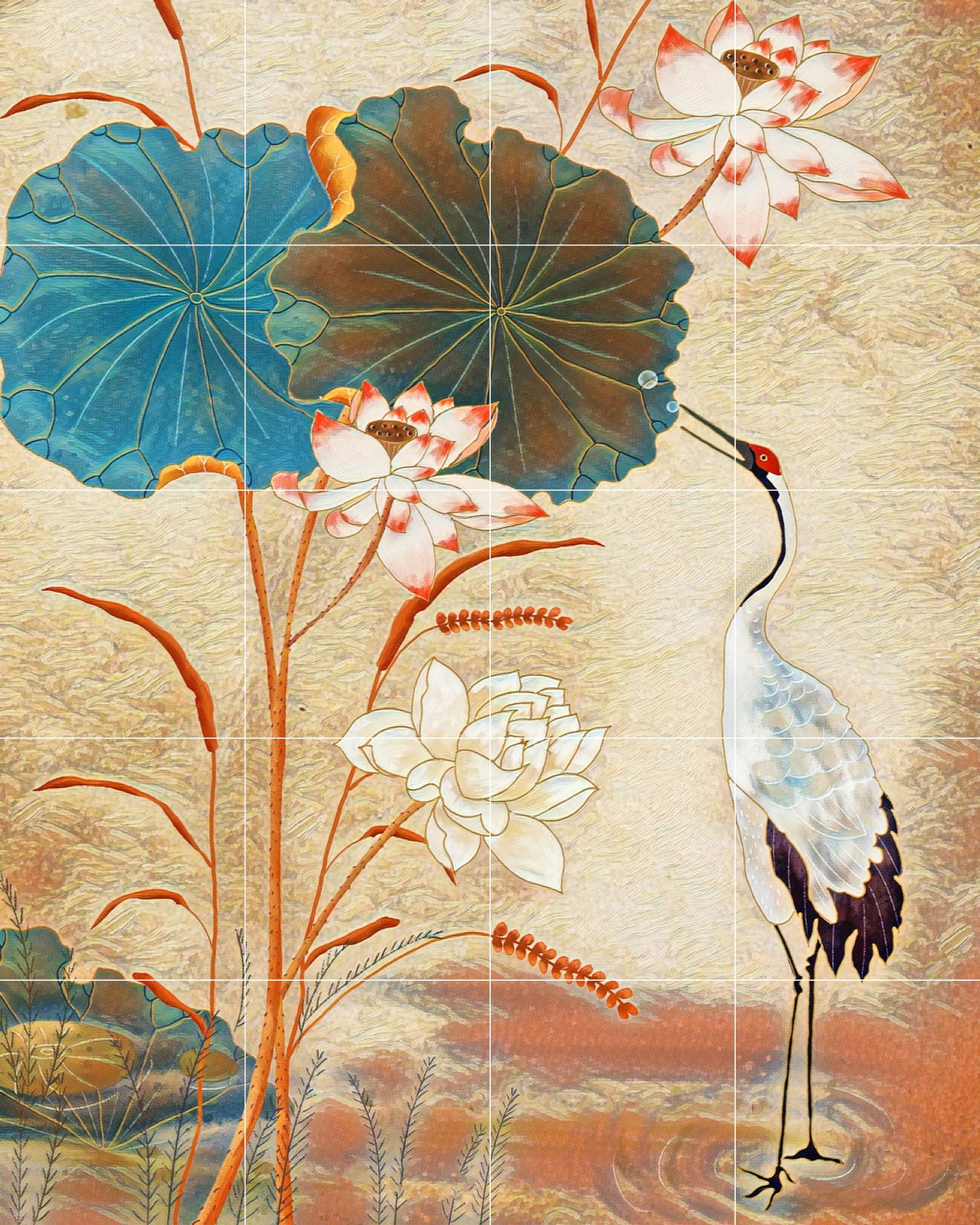 Japanese Crane Tile Mural: Gloss Ceramic Panel Wall Art