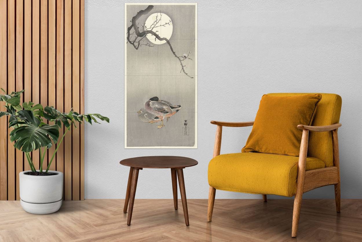 Tile Mural/Mosaic Ceramic Panel of Ducks at Full Moon - Ohara Koson Painting- Japan Art - Japanese Mural - Mosaic - Gloss Tiles- Tile Mosaic