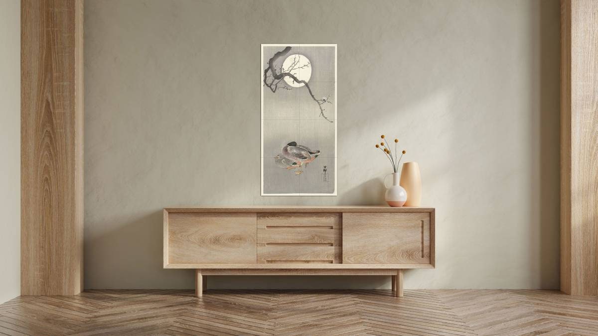 Tile Mural/Mosaic Ceramic Panel of Ducks at Full Moon - Ohara Koson Painting- Japan Art - Japanese Mural - Mosaic - Gloss Tiles- Tile Mosaic