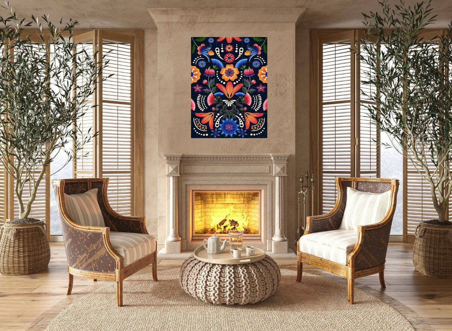 Mexican Flower Tile Mural: Watercolor Floral Mosaic Art