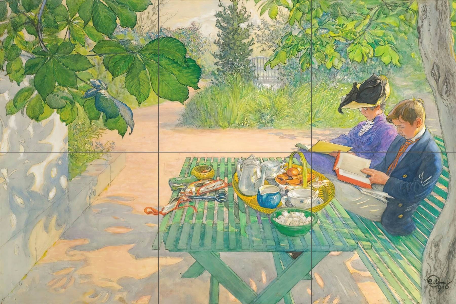 Tile Mural/Mosaic Ceramic Panel of Holiday Reading - Carl Larsson Art - Home Decor - Tile Mural - Gloss Tiles - Tile Mosaic Print