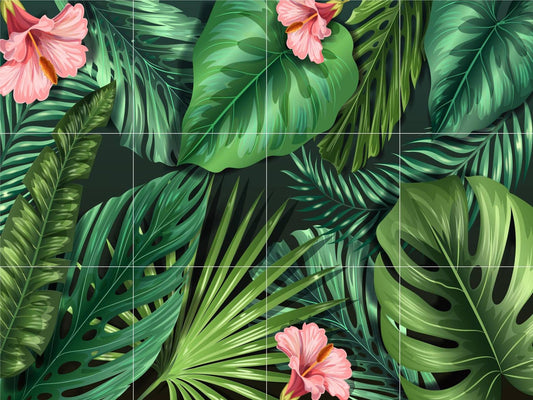 Tile Mural/Mosaic Ceramic Panel of Tropical Leaves Art - Plant Home Decor - Tile Mural - Nature Wall Print- Gloss Tiles - Flower Tile Mosaic