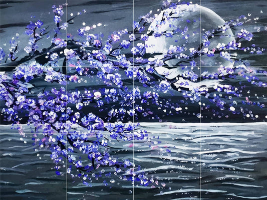 Moon & Cherry Blossom Ceramic Tile Mural: Watercolor Wall Art