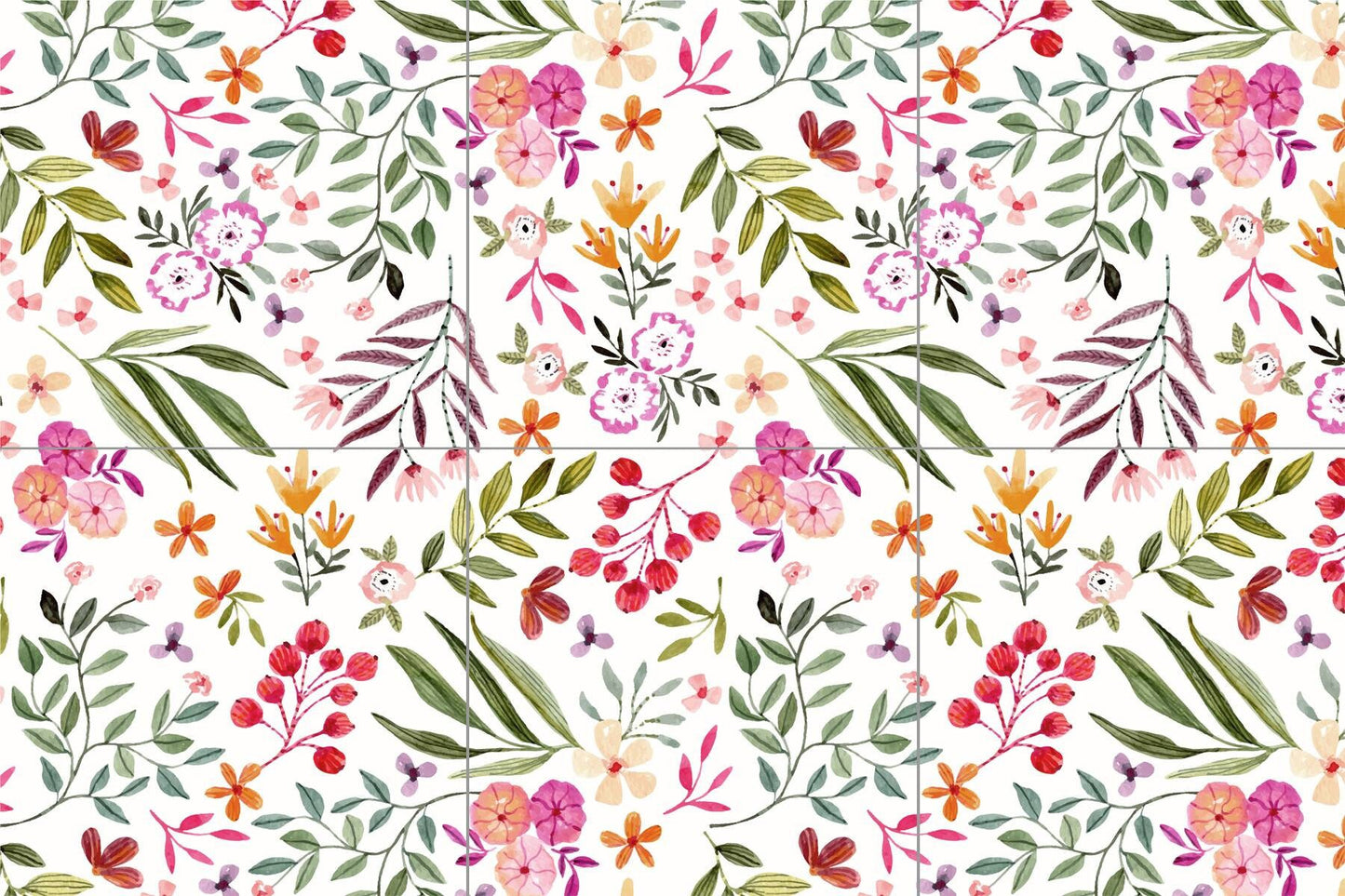 Watercolor Floral Tile Mural: Glossy Ceramic Flower Wall Art