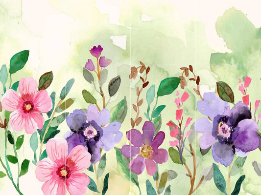 Watercolor Flower Tile Mural: Garden Wall Art, Gloss Ceramic Mosaic