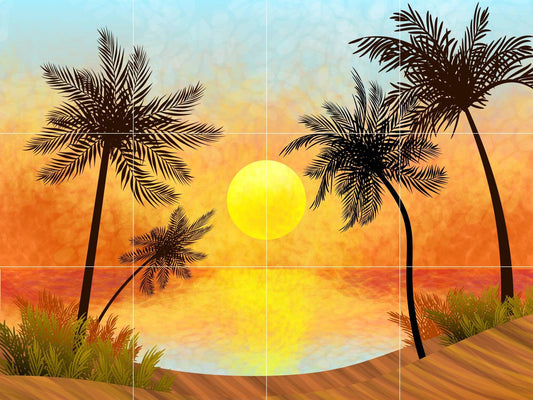 Tile Mural/Mosaic Ceramic Panel of Palm Trees - Sunset Mural - Ocean Waves Wall Mural - Tropical Tile Mural Art - Home Decor - Tile Mosaic