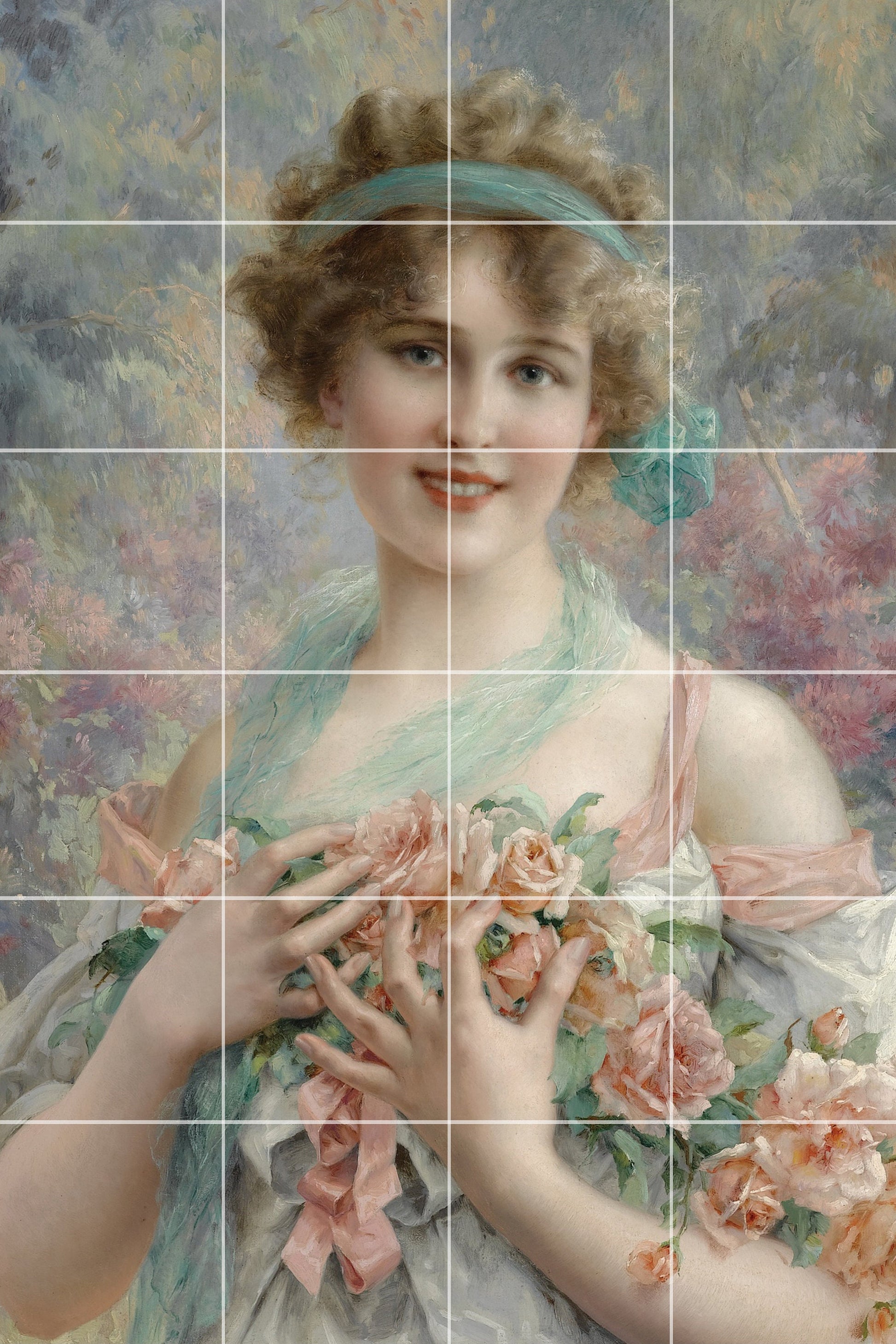 Emile Vernon Tile Mural: Girl with Roses Ceramic Mosaic Panel