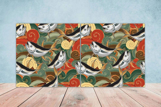 Fish Ceramic Tile - Japanese Tiles -Set of 2 Wall Decor Tiles -Kitchen Backsplash Tiles,Table Decorative Tiles,Bathroom, Coaster