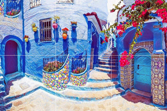 Tile Mural/Mosaic Ceramic Panel of Chefchaouen Morocco - Moroccan ceramics - Chefchaouen Wall Print - Tile Mural - Gloss Tiles - Tile Mosaic
