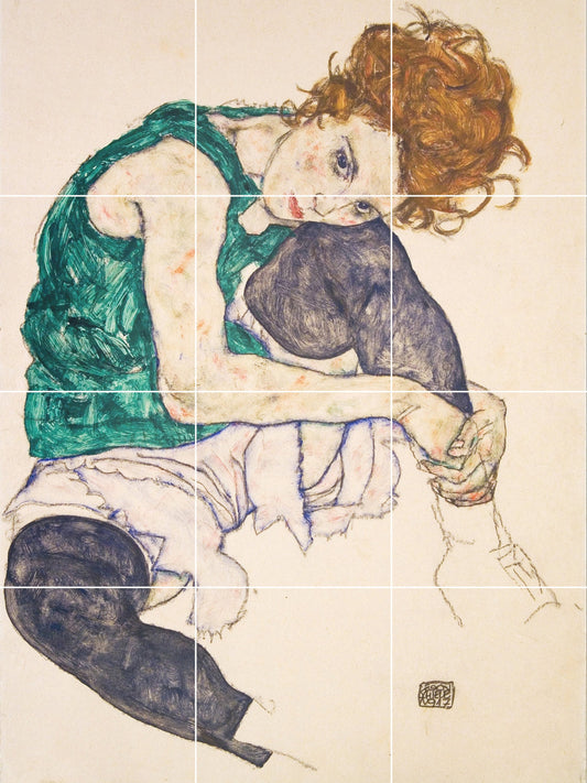 Tile Mural/Mosaic Ceramic Panel of Egon Schiele seated woman - Egon Schiele wall print - Schiele wall art - Tile Mural - Egon Schiele Mural