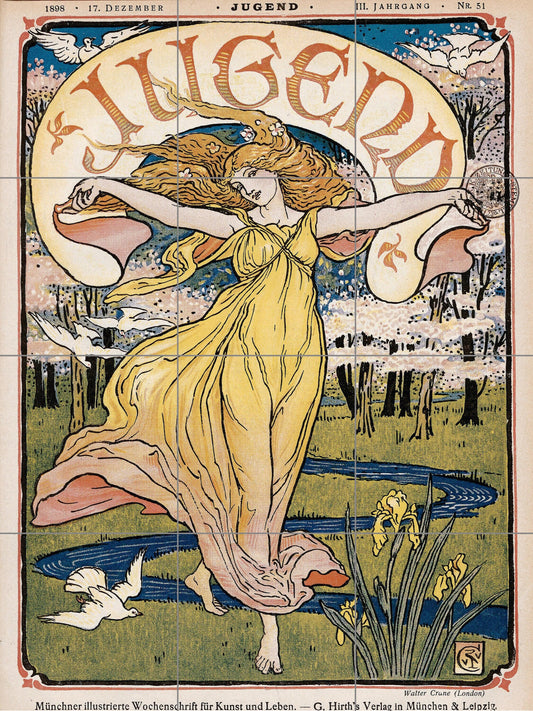 Tile Mural/Mosaic Ceramic Panel of Walter Crane Jugend - Walter Crane wall art - Art Nouveau Tile Mural - Tile Mosaic - Accent tiles