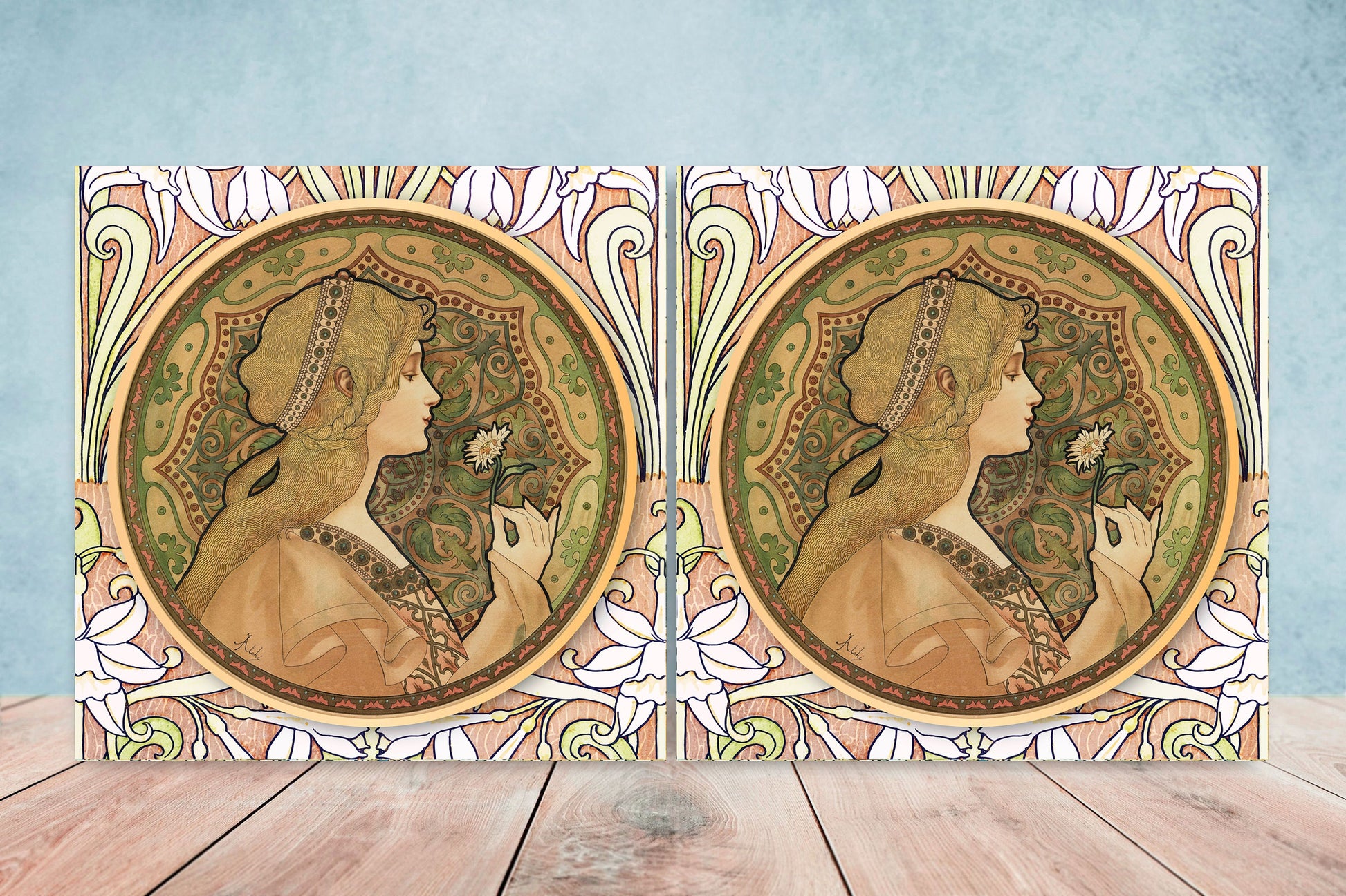 Art Nouveau Flower Ceramic tiles - Set of 2 Art Nouveau Wall Decor Tiles - Kitchen Backsplash Tiles, Table Decorative Tiles, Bathroom Tiles