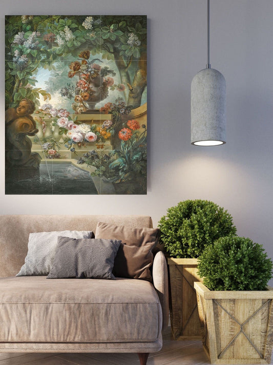 Botanical Tile Mural: Garden Urn & Fountain Ceramic Panel