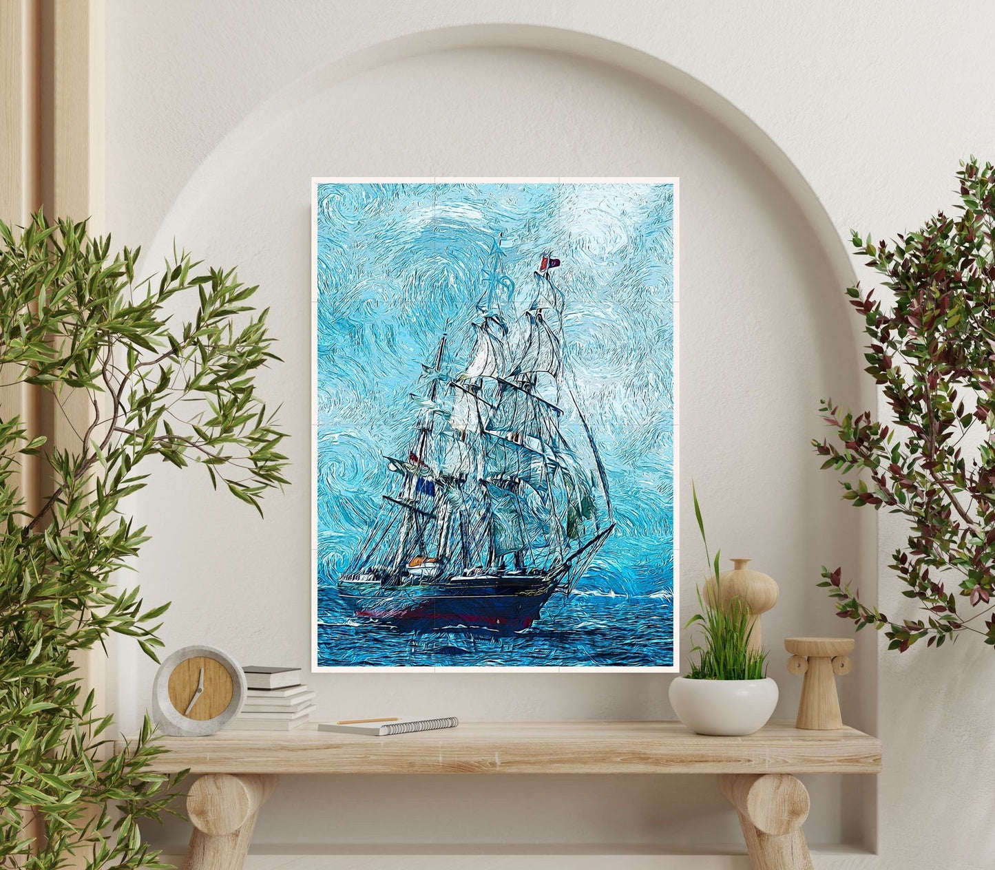 Tile Mural/Mosaic Ceramic Panel of a Ship - Sailing ship print- Ocean Waves Wall Mural -Tile Mural Art - Seascape Home Decor- Tile Mosaic