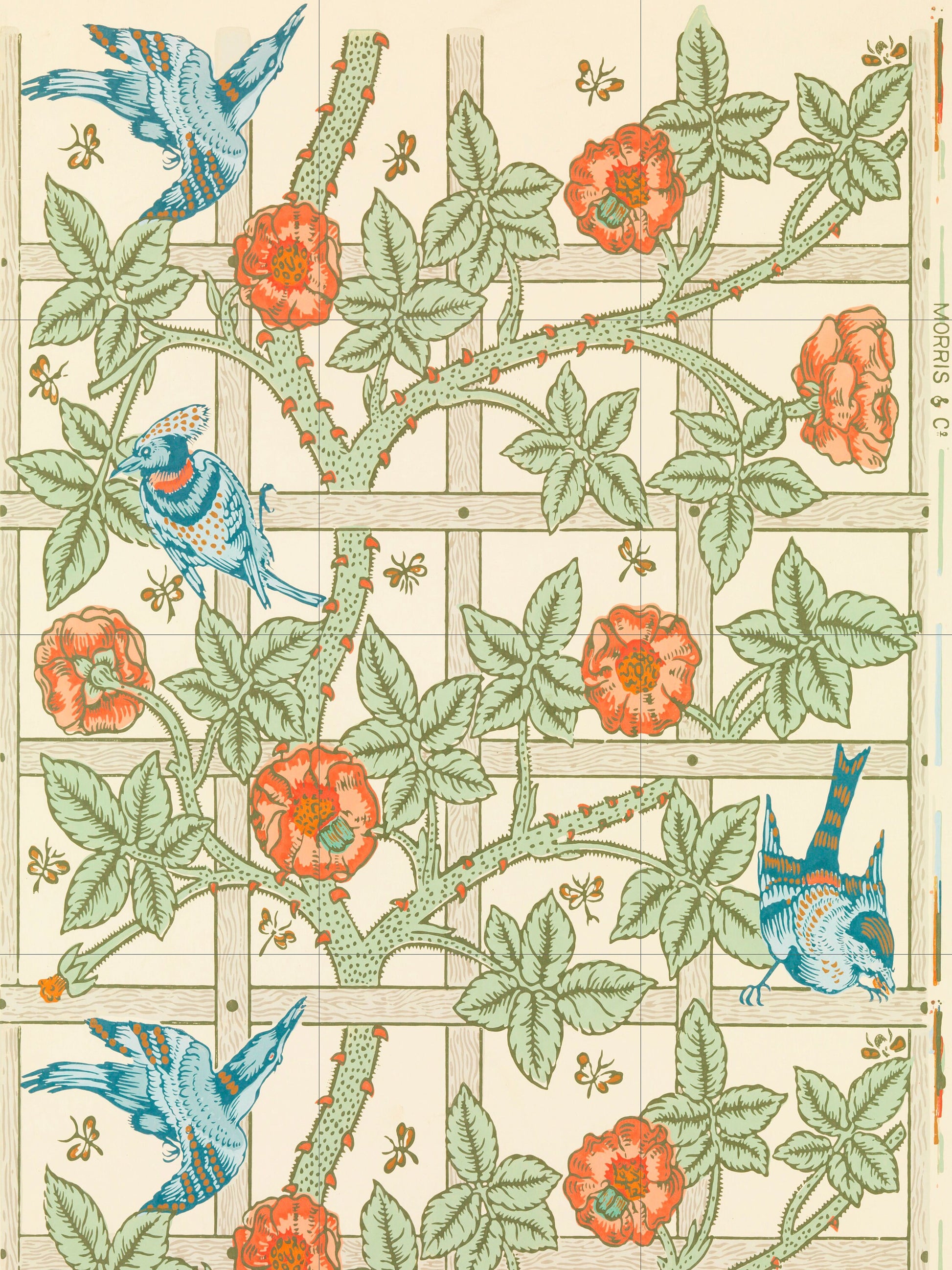 Tile Mural/Mosaic Ceramic Panel of Trellis - William Morris Pattern - Birds Wall Art - Tile Mural Mosaic - Bird Mural - Bird and Flower Art